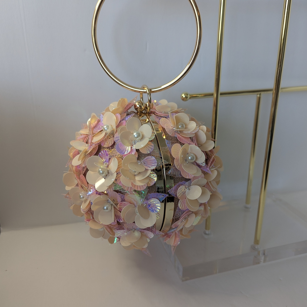 Floral Embellished Cream and Pink Women's Bag